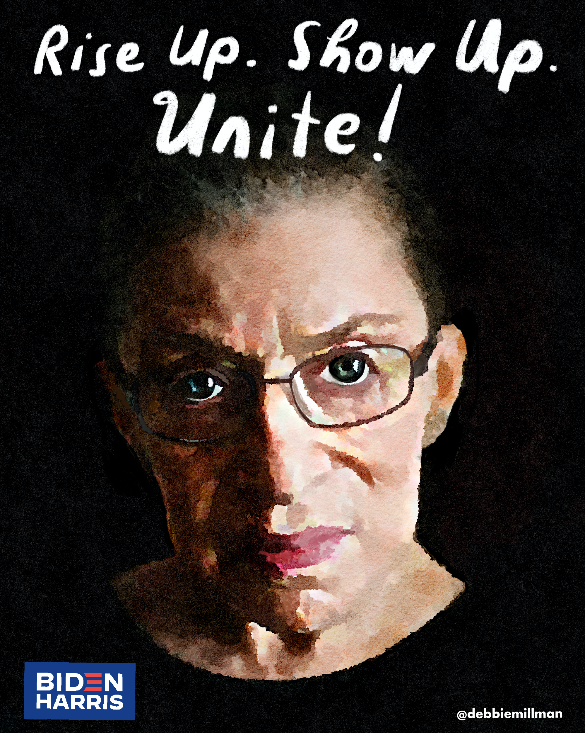 Lettering art of the phrase 'Rise up. Show up. Unite!' by Debbie Millman